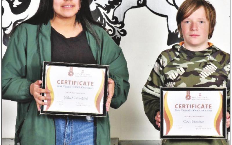 Mikah Littlebird (left) and Cody Sanchez (right) holding their Best Virtual HTML/CSS coder certificates.