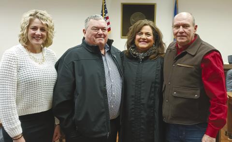 New officers were sworn in Jan. 3. Shown are (L-R) Misty Kitson, Blaine County Tax Assessor, Traci Matli, Commissioner, Associate District Judge Allison Lafferty and Darryl Hicks, Commissioner.