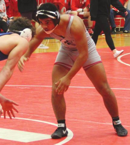 Watonga High School varsity 170-pound wrestler Joe Jackson competes on Jan. 21 against a Bridge Creek High School opponent at Hinton High School. Andrew Salmi | Watonga Republican