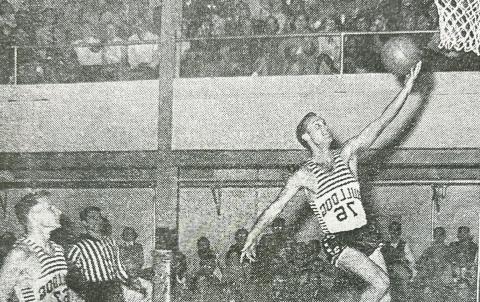 Walter Montgomery scores on a fast break almost the length of the court after he had stolen the ball from two OBU cagers, with Bill Davis following won close behind for insurance. The Bulldogs 86-78. Photo courtesy Montgomery family