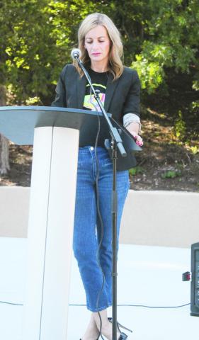 (AT RIGHT) Shelley Zumwalt addresses the attendees September 4 at the ribbon cuttiong at the newly remodeled picnic area and restrooms at Roman Nose State Park. It would be one of the last official acts Zumwalt performed before announcing her impending retirement.