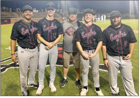 These four Watonga seniors were chosen to play in the Northwest Oklahoma Coaches Association All-Star game May 24. (L-R) Trenton Cole, Nicholas Walker, Coach John Cope, Dakota Morris and Malcom Brummett.