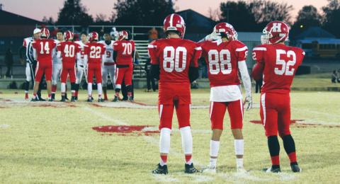 (Above) Hinton High School varsity football Class of 2020 seniors on Nov. 1, 2019, prior to a home game vs. Frederick High School. From left to right: quarterback/linebacker Denton Dahlenburg (14), running back/defensive back Dagen Boling (40), wide receiver/linebacker Ben Garza (22), lineman Aaron Gonzalez (70), wide receiver/defensive back Brayden Jones (80), wide receiver/defensive back Trenton Lusk (88), and lineman Andrew Boyton (52). ANDREW SALMI/HINTON RECORD