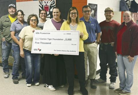 Pictured from left to right: Shannon Hoffman (Engagement Council member), Marsha Mackie (Engagement Council sponsor), Ladonna Bromlow (Engagement Council member), Kelsi Landes (Engagement Council member), Heather Smith (Canton Tiger Foundation Representative), Penny Heath (Canton History Day Representative), Matt Bright (USG Southard Plant Manager), Dakota Morris (Engagement Council member), Cassidy Edsall (Engagement Council Leader).