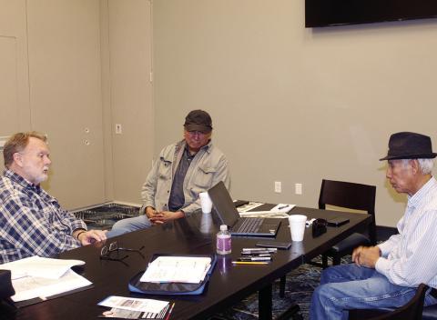 Artist and sculptor Lew Aytes (L) came to Watonga to meet with Melvin Roman Nose (C) and Larry Roman Nose (R) descendants of Henry Roman Nose for an upcoming work of art