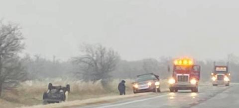 Above: Flipped over car awaiting assistance from tow truck on road between Watonga and Kingfisher.