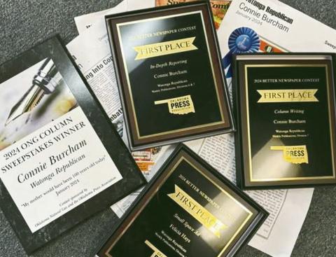 (ABOVE) A snapshot of the hardware the Watonga Republican earned at the June 7 Oklahoma Press Association Awards