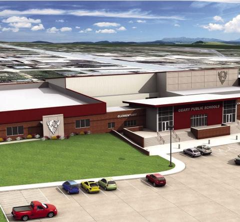 An artist’s rendering of the proposed exterior of the Geary Public Schools campus.The elementary school students and upper grades are separated by electronically locking doors. WIth the passage yesterday of a $5 million bond issue, the construction on the K-12 buildings should begin by the end of the school year and be completed in about 18 months.