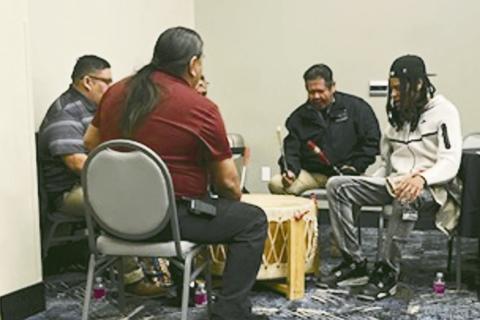 Shown at the Generational Trauma workshop are drummers and singers Amick Birdshead, Robert Littlebird, Billy Youngbird, Overton Sankey and Phoenix Whiteshirt.