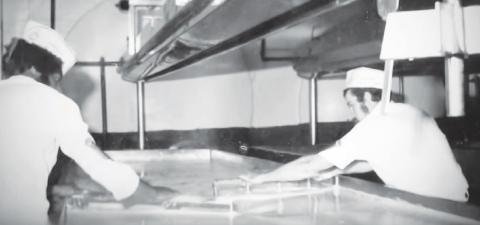 Workers prepare Watonga Cheese at the old Watonga Cheese Factory back in the 1970s.