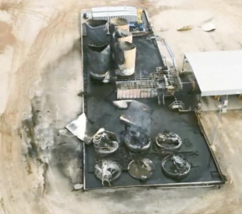 This arial photo shows the aftermath of Saturday’s fire at a salt water disposal site east of Watonga. Photo Courtesy of Blaine County Emergency Management