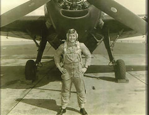 Watonga resident Coot H. Nelson with a GBF torpedo bomber.