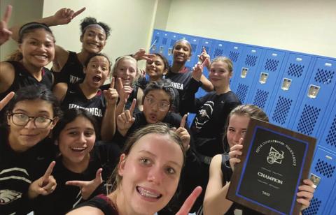 The Watonga Lady Eagles celebrate the Coyle Invitational Tournament championship in the locker room after the title-clinching game against Okarche. (Photo provided by Brenda Geels)