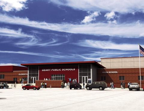 Artists’ rendering of the proposed facade of the new school construction