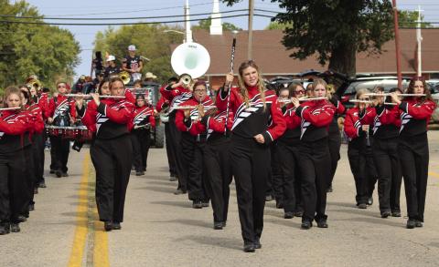 (ABOVE) This 2022 file photo shows members of the Watonga High School Band during the annuyal Cheese Festival Parade down Noble Avenue. The parade will roll once again at noon on Saturday.