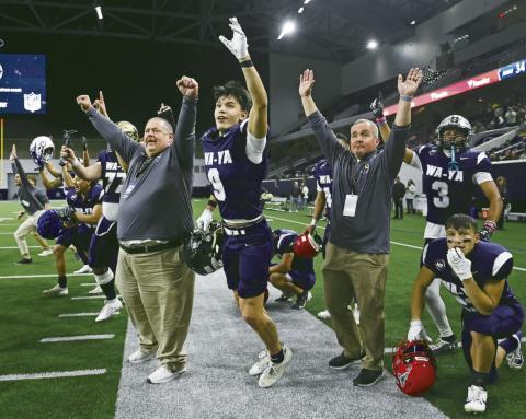 Team Wa'Ya celebrates a big play in the 2024 Native All-American Football Game