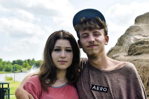 Anika Drew, left, and Nicholas Stone used to hang out for fun at Crystal Beach Lake. The teenage couple spent most of this year wandering Woodward since becoming homeless. Youth experiencing homelessness have less access to shelters and services in rural Oklahoma towns such as Woodward. (Yasmeen Saadi/Oklahoma Watch)