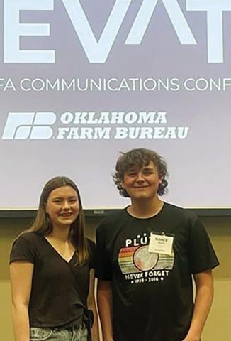 ABOVE On July 23, Bella Dean and Rance Nitzel attended the Communications Conference put on by Oklahoma Farm Bureau. They spent the day learning how our FFA officers could better communicate through the use of social media, journalistic writing, photography/videography and graphic design.