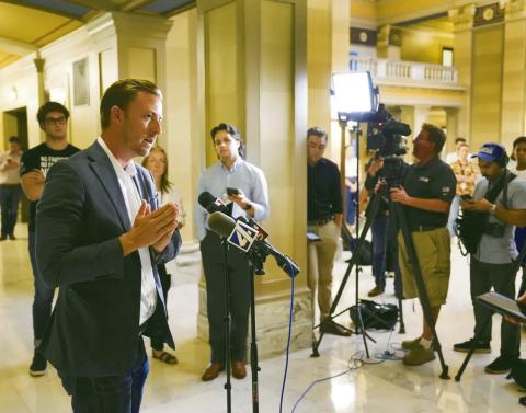 (ABOVE) Former State Superintendent of Education Ryan Walters speaks to members of the press at the Oklahoma State Capitol five days ago as he announced his .resignation.
