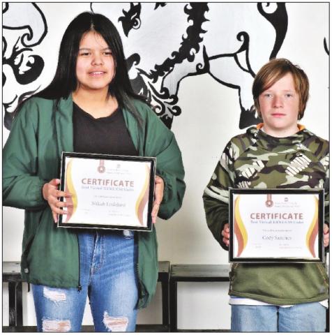 Mikah Littlebird (left) and Cody Sanchez (right) holding their Best Virtual HTML/CSS coder certificates.